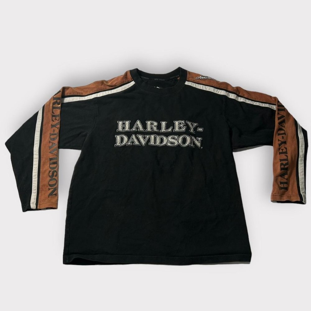 90s black/orange/white Harley Davidson graphic embroidered patch thick t-shirt